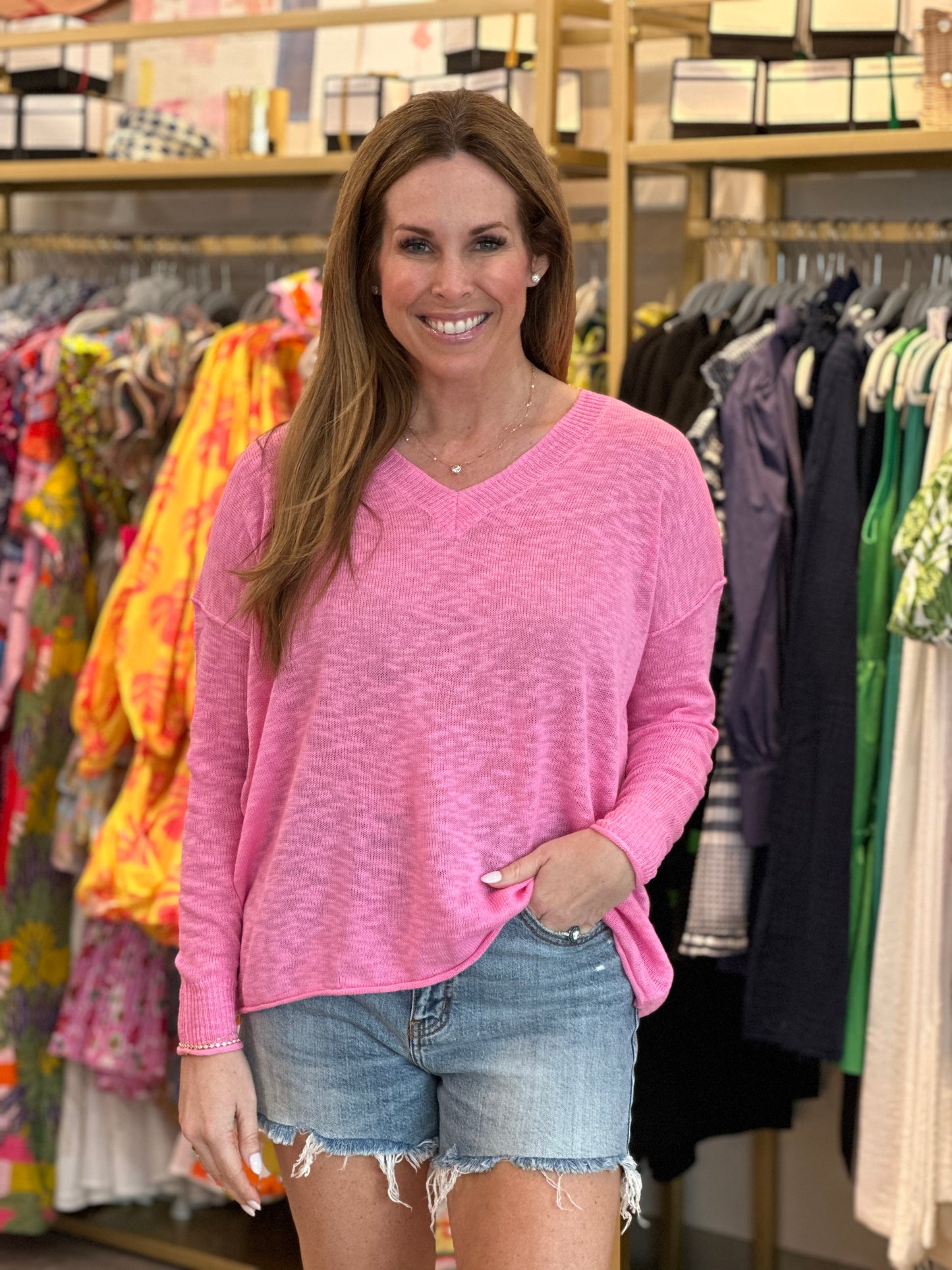 Oversized V Neck Sweater in Flamingo
