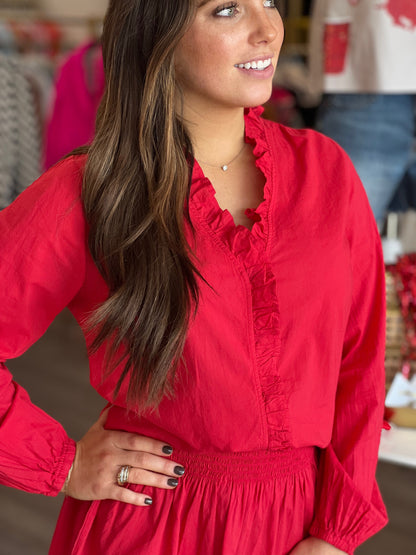 Ruffly Long Sleeve Top in Red