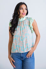 Load image into Gallery viewer, Aqua/Pink Floral Sleeveless Ruffle Top
