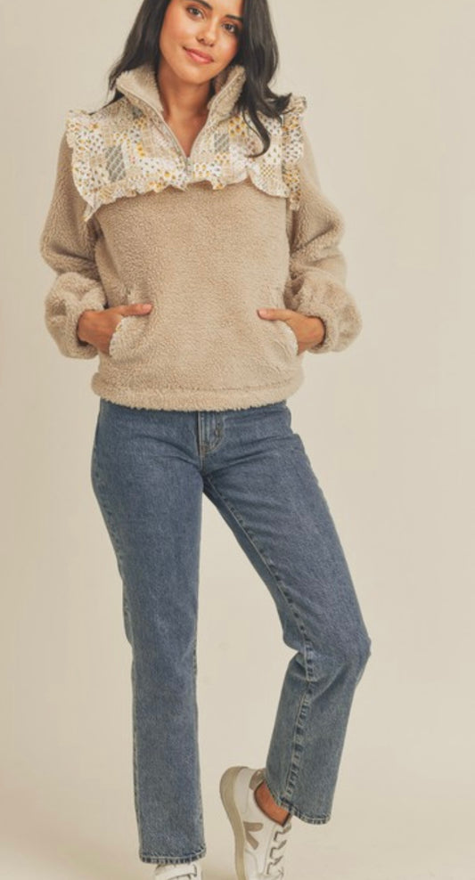 Quilted Fleece Pullover in Taupe