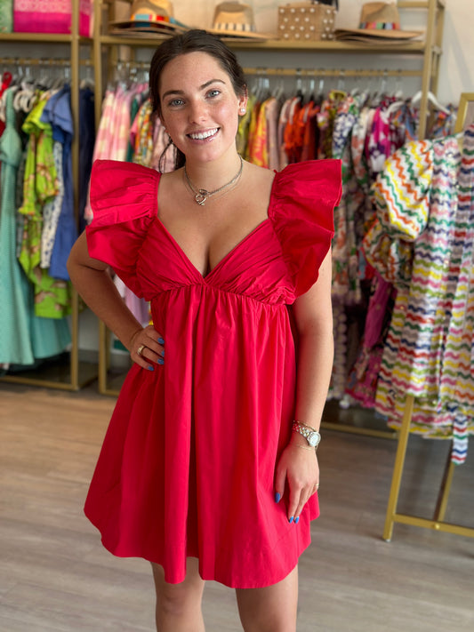 Ruffle Tie Back Poplin Dress in Red