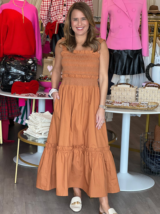 Terracotta Smocked Midi Dress