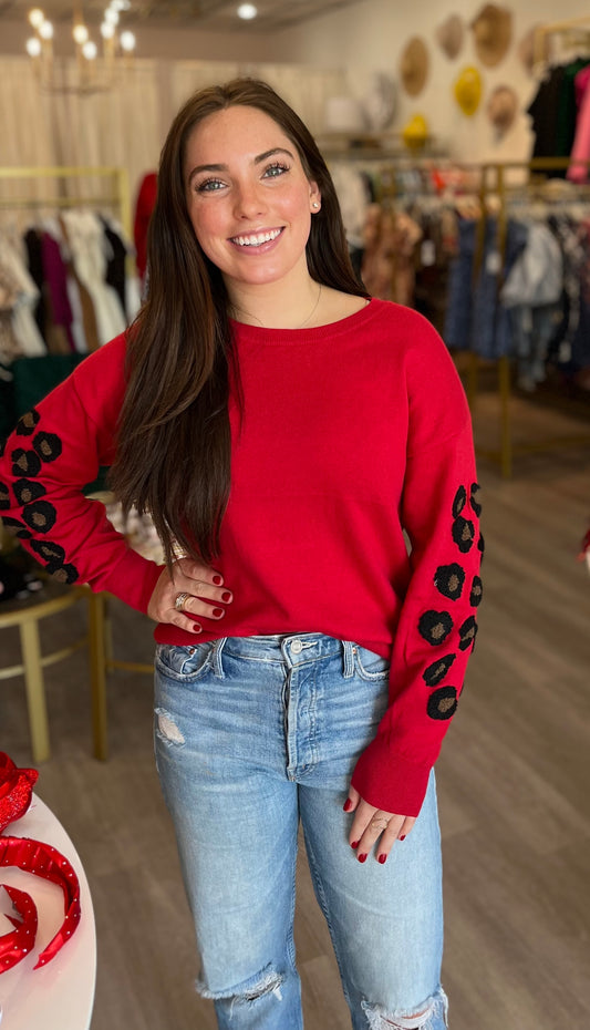 Red Crewneck Sweater w/Leopard Detail