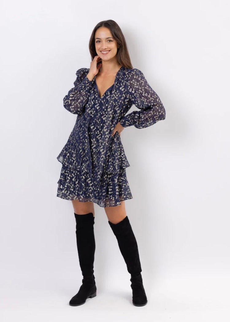Tie Front Dress in Navy/Gold