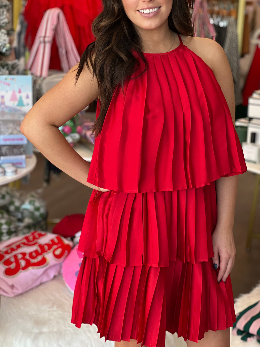 Pleated Satin Tiered Dress in Red