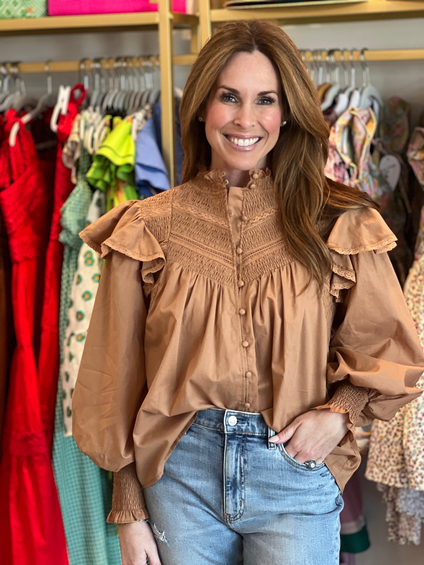 Smock Detail LS Top in Brown