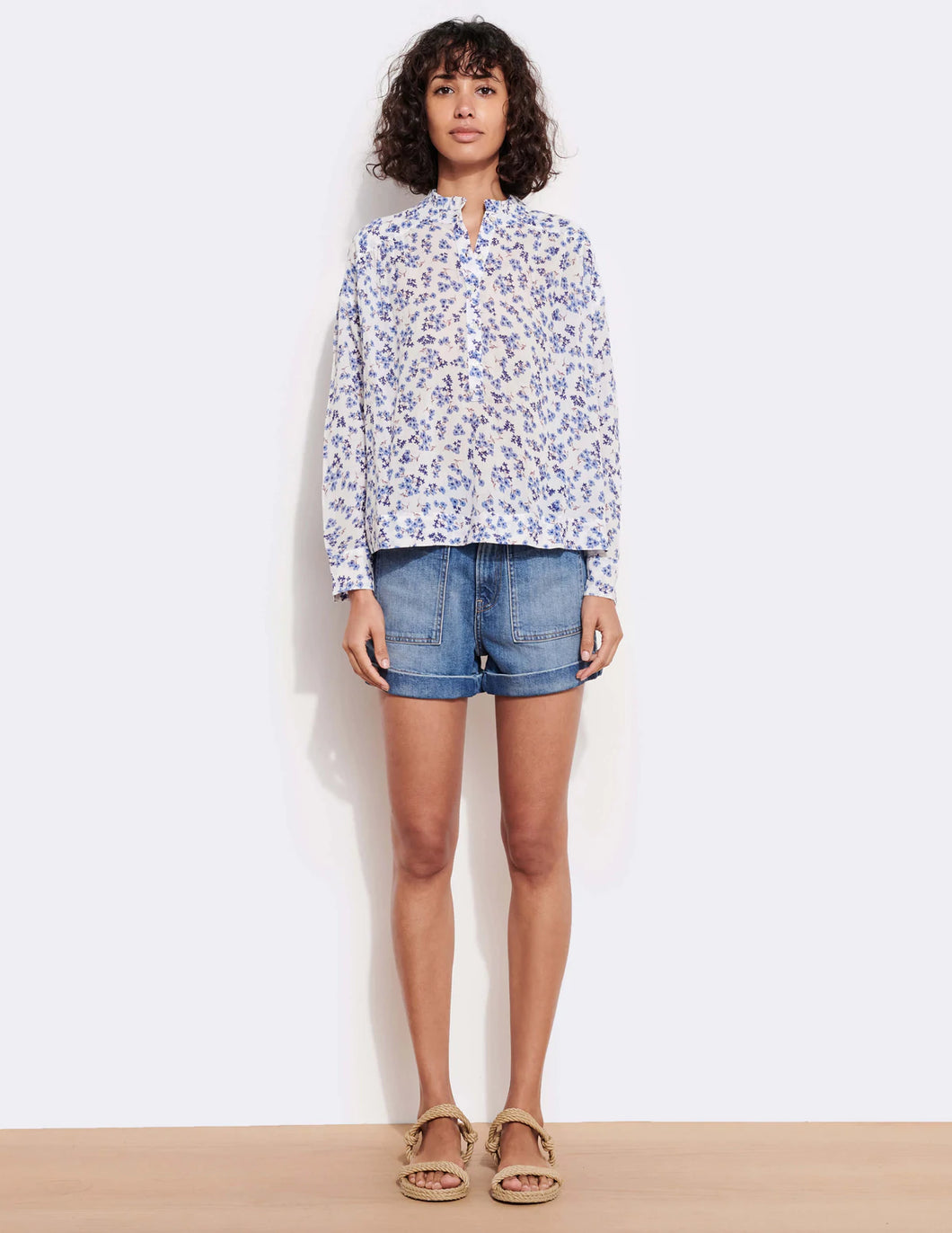 Ruffle Neck Henley In Serenity