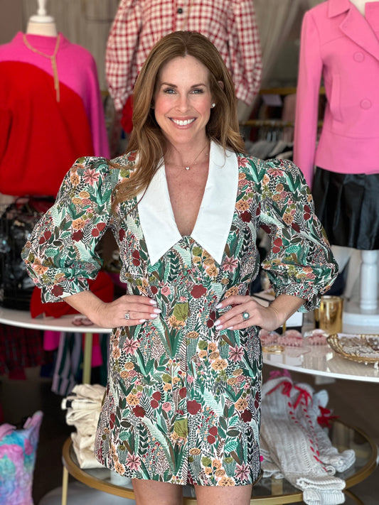 Jacquard Collar Dress in Green Floral