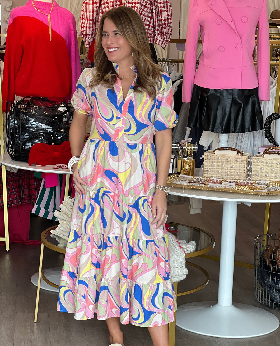 Multi Swirl V Neck Dress