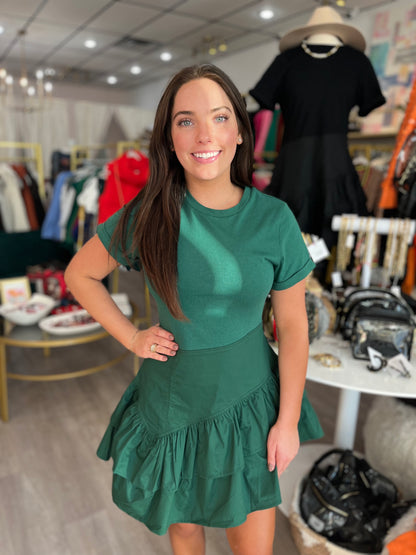 Combo Knit Ruffle Dress in Green