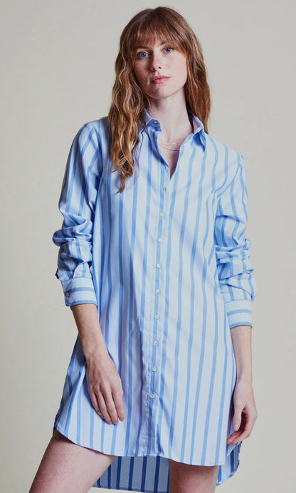 The Long Sleeve Shirt Dress in Blue Stripe