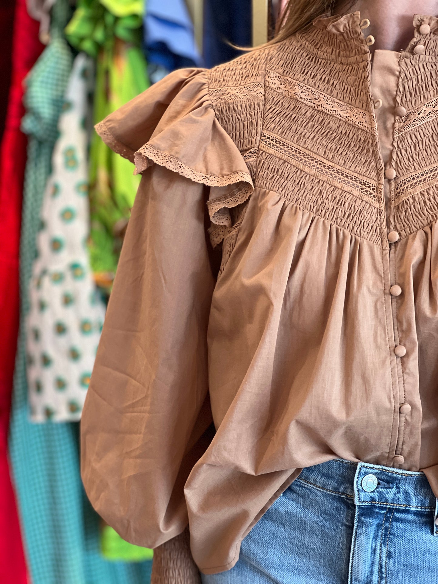 Smock Detail LS Top in Brown