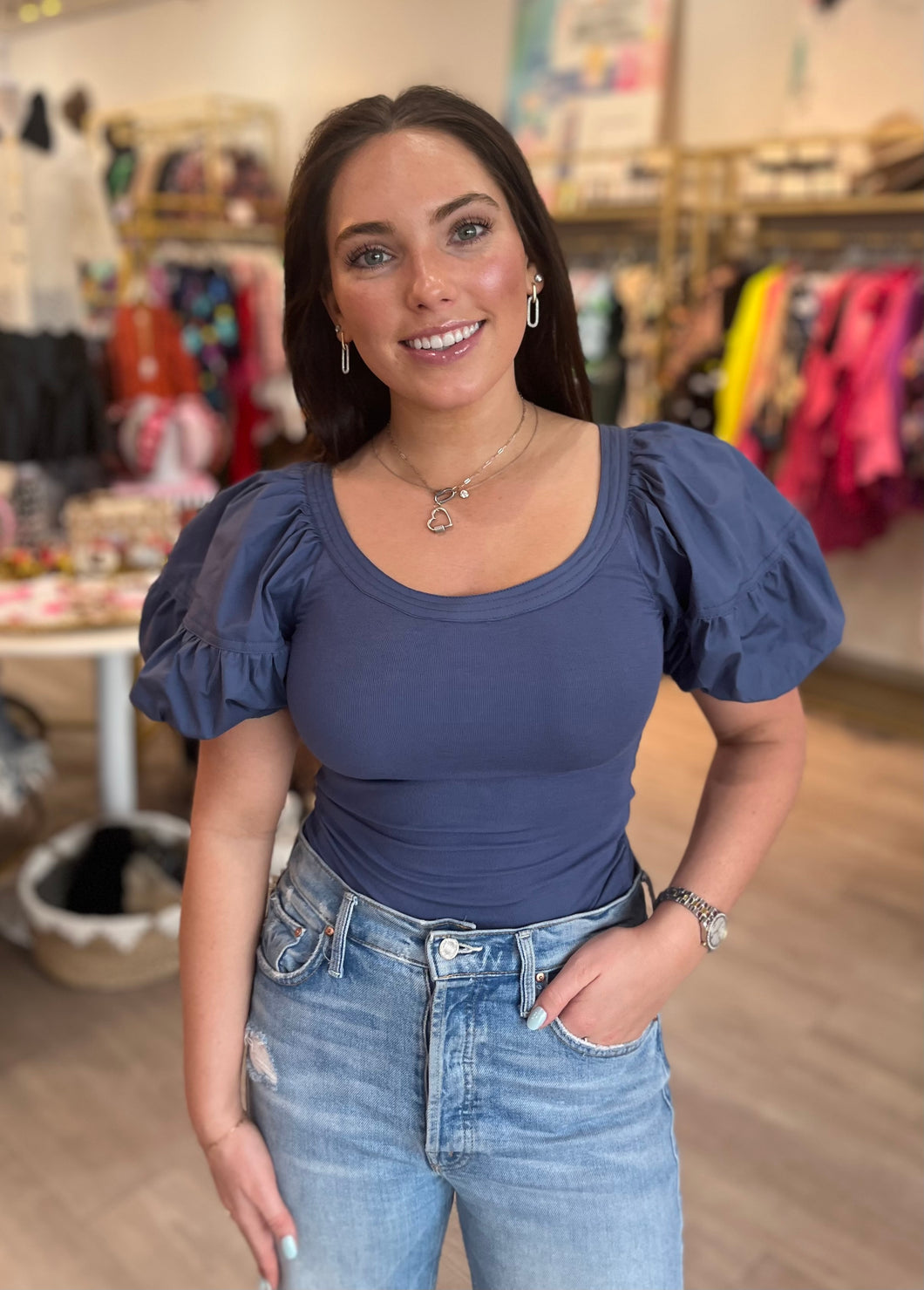 Combo Knit Ribbed Top in Navy