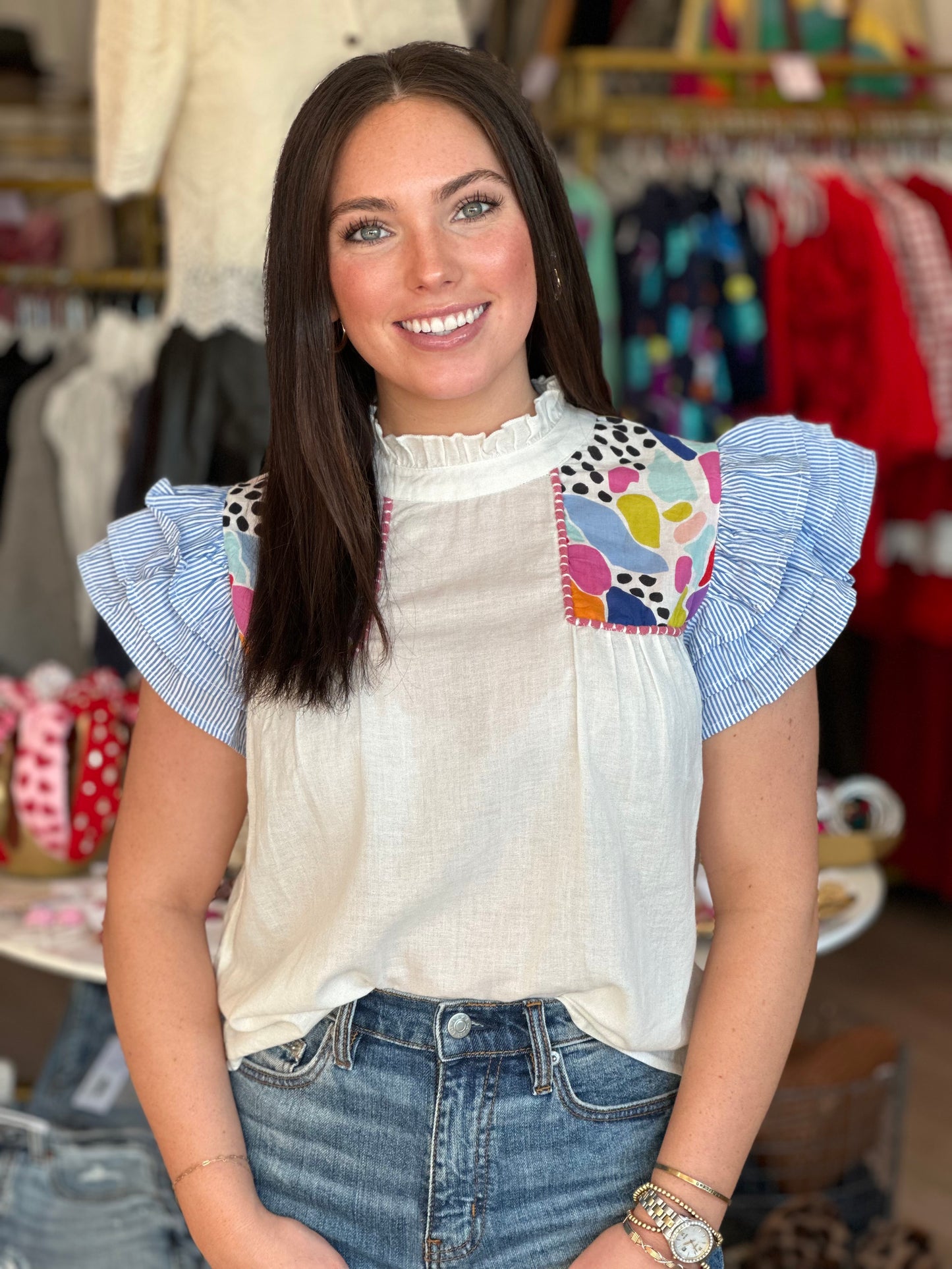 White Ruffle Sleeve Tee W/Pop Print