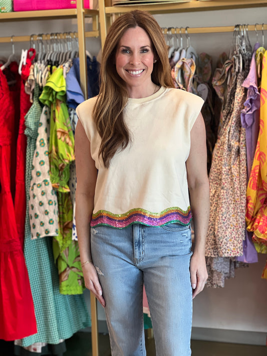 Beige Rainbow Shoulder Pad Tank