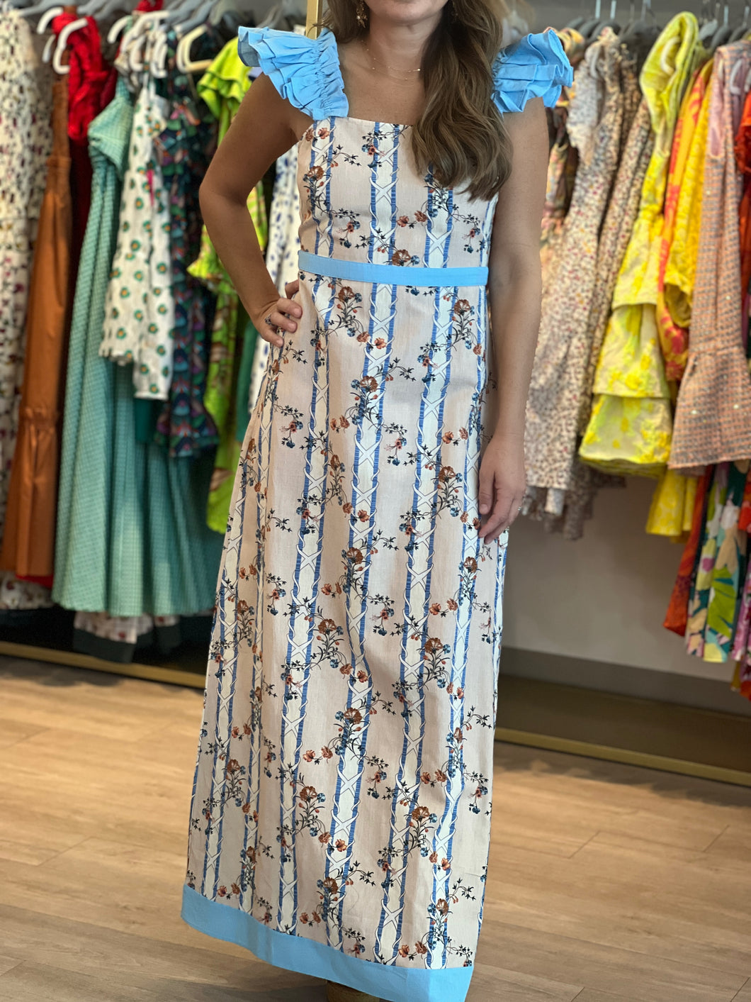 Maris Linen Midi Dress in Peach/Blue