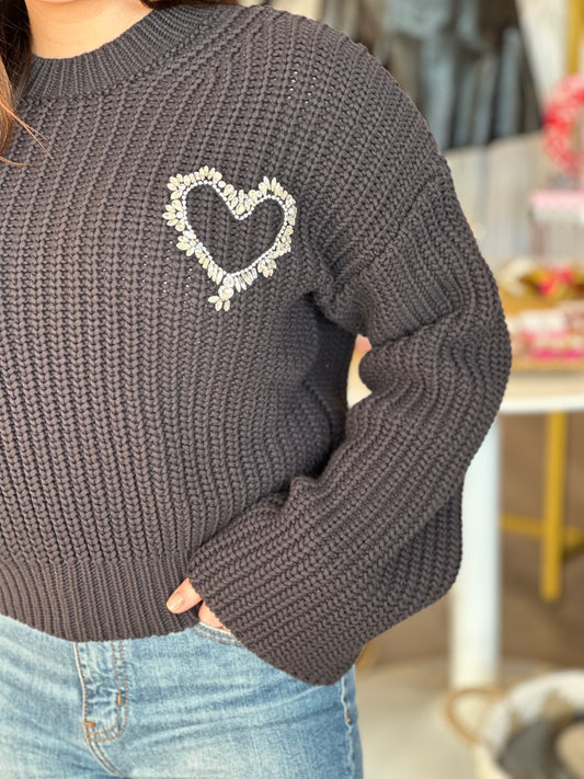 Bell Sleeve Crew Neck Heart Sweater