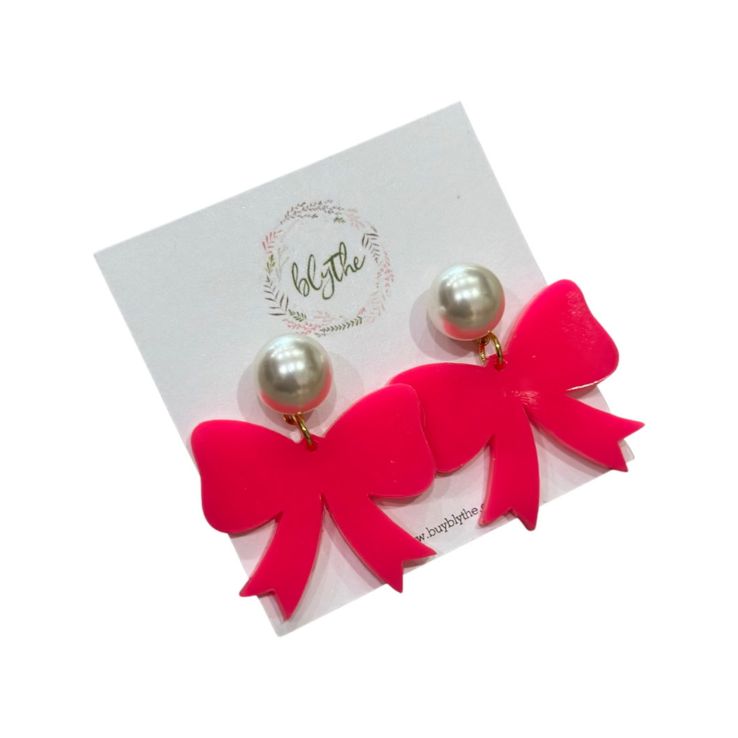 Pink Bow Earring w/Pearl Topper