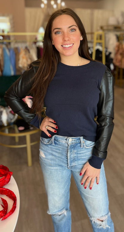 Navy Crewneck Sweater w/Faux Leather.