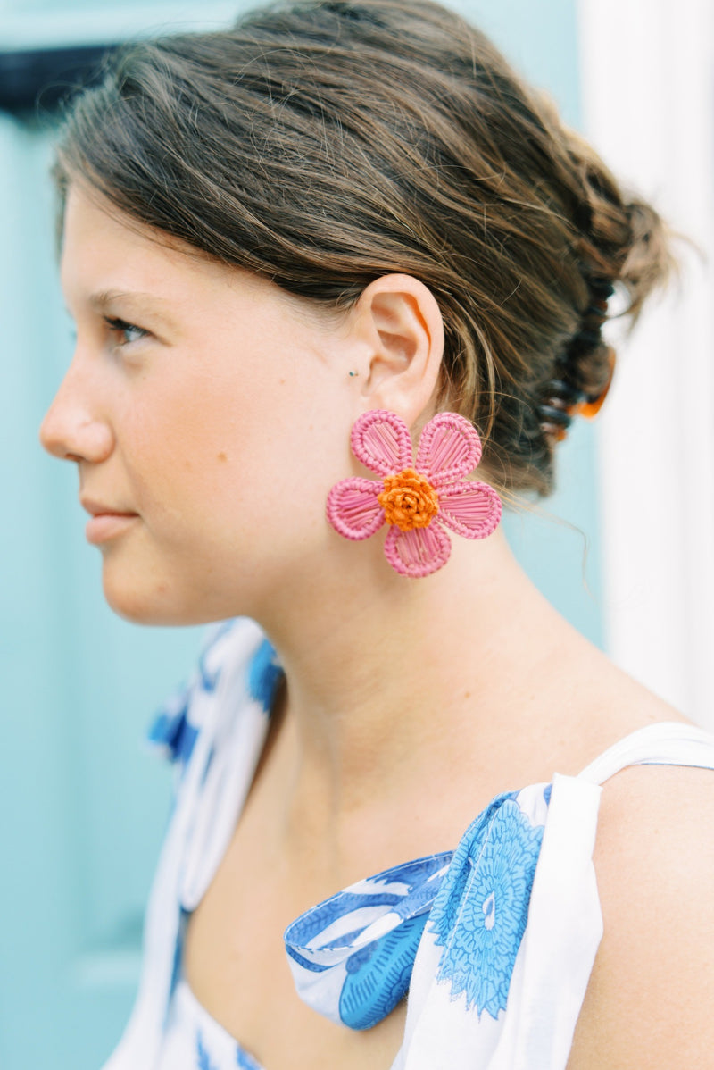 Periwinkle/Orange Flower Earrings