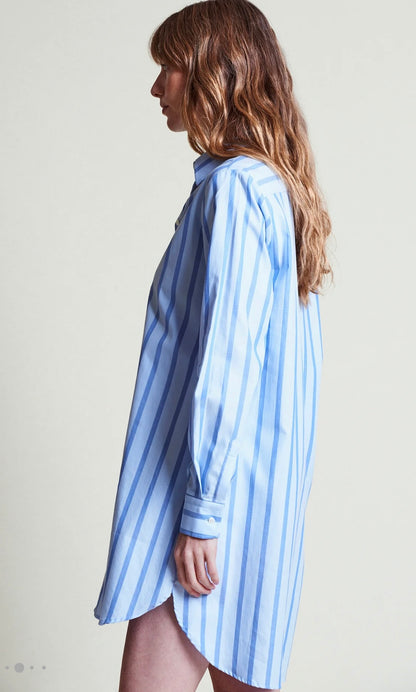 The Long Sleeve Shirt Dress in Blue Stripe
