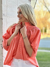 Load image into Gallery viewer, High Neck Top in Coral Swiss Dot
