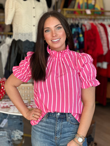 Pink Poplin Stripe Short Sleeve Top