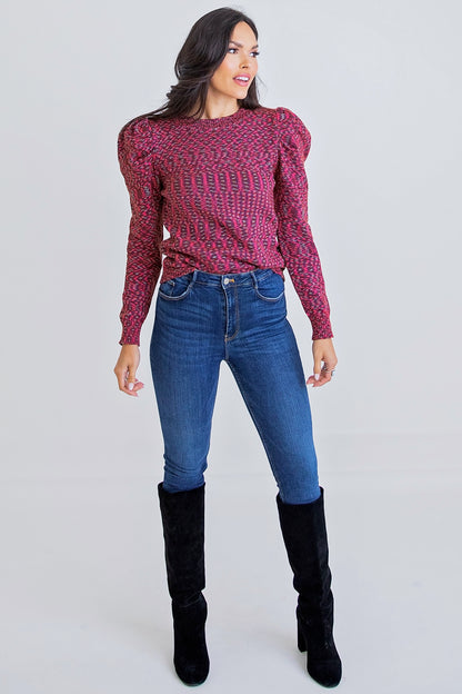 Puff Sleeve Sweater in Multi Brown