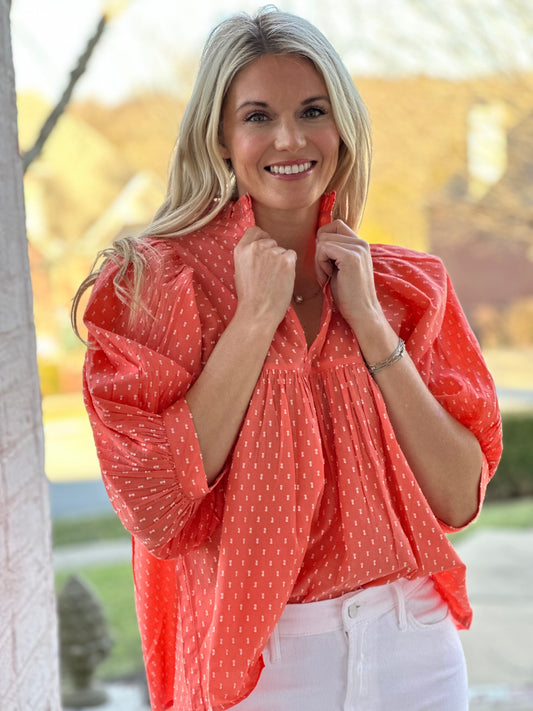 High Neck Top in Coral Swiss Dot