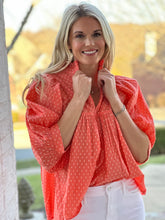 Load image into Gallery viewer, High Neck Top in Coral Swiss Dot
