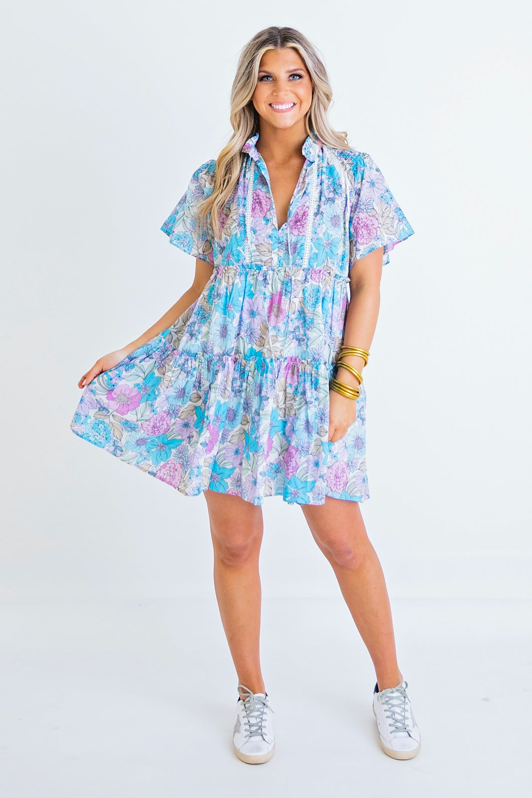 Floral Tiered Mini Dress in Blue/Pink