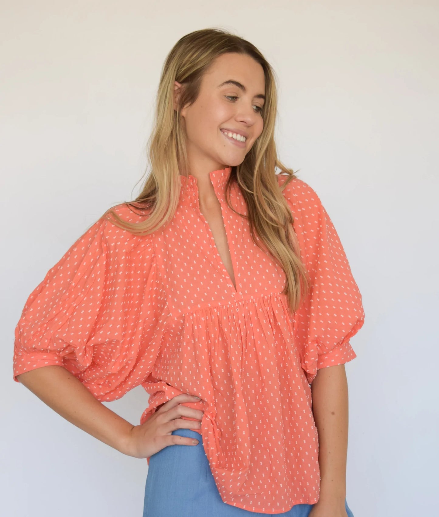 High Neck Top in Coral Swiss Dot