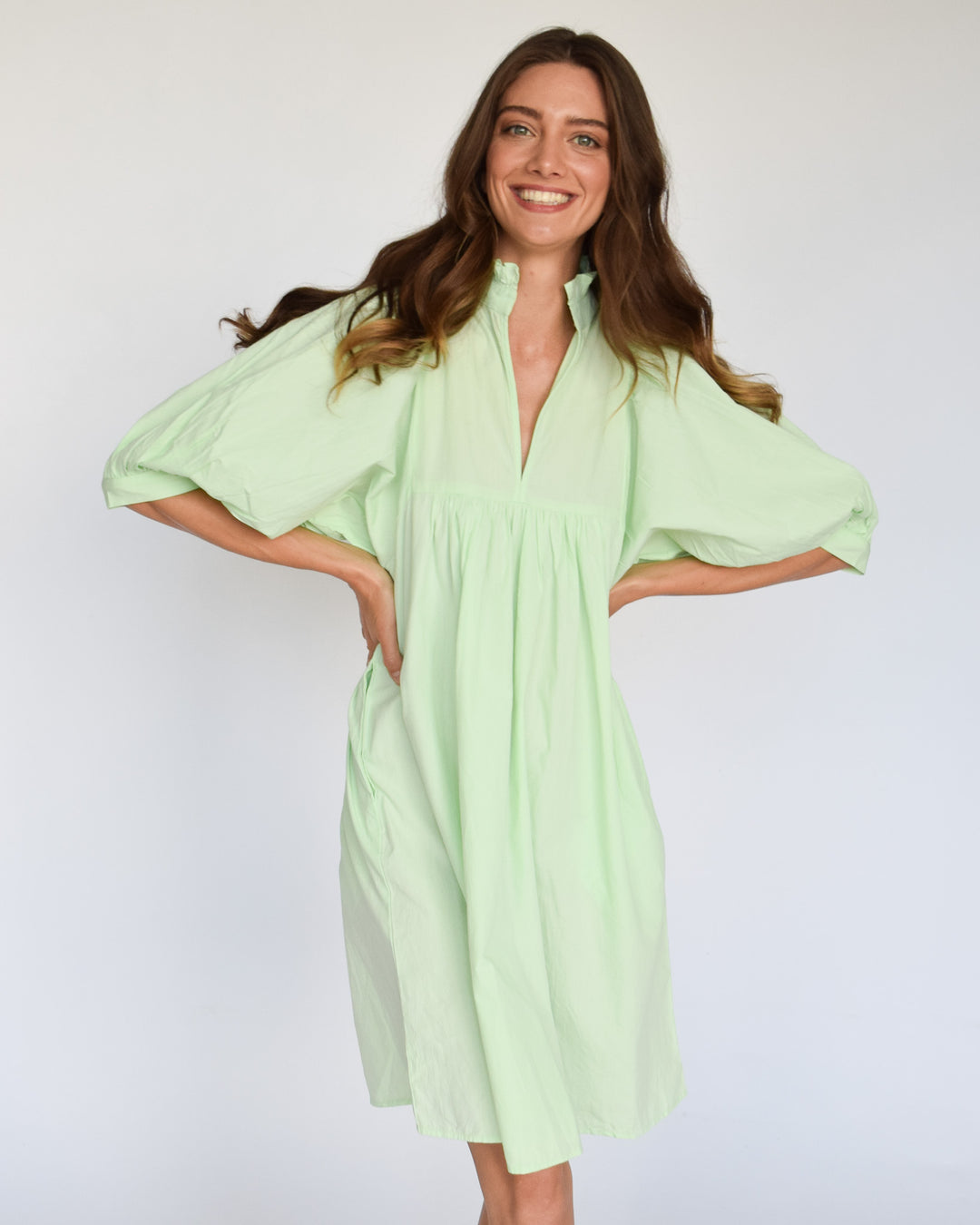 High Neck Dress in Mint Poplin