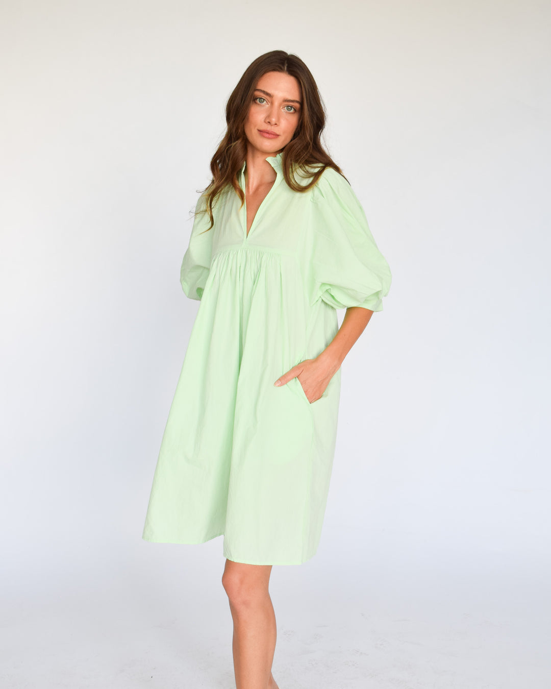 High Neck Dress in Mint Poplin