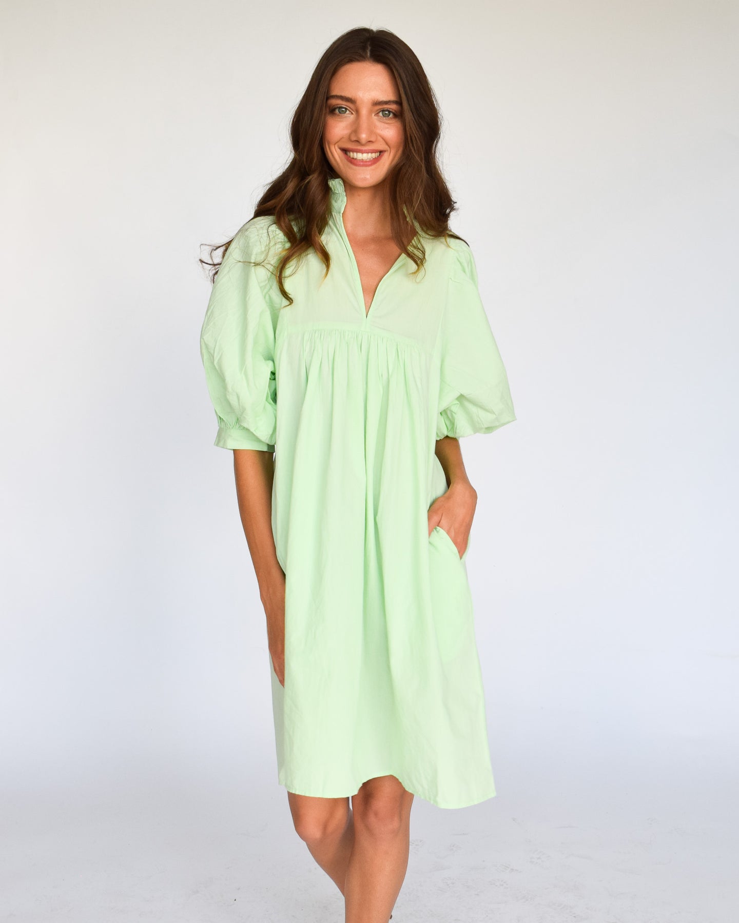 High Neck Dress in Mint Poplin