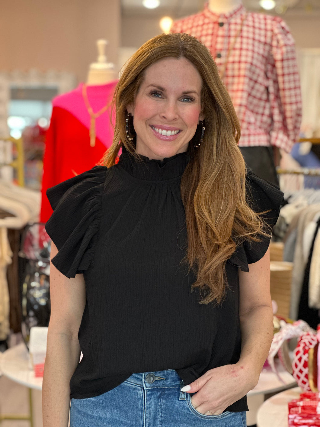Flutter Sleeve High Neck Top in Black