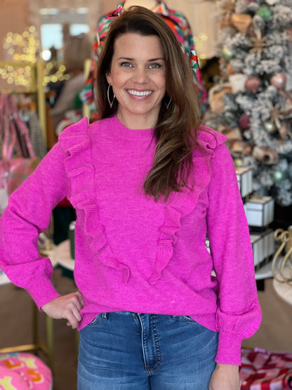 Solid Ruffle Sweater in Fuschia