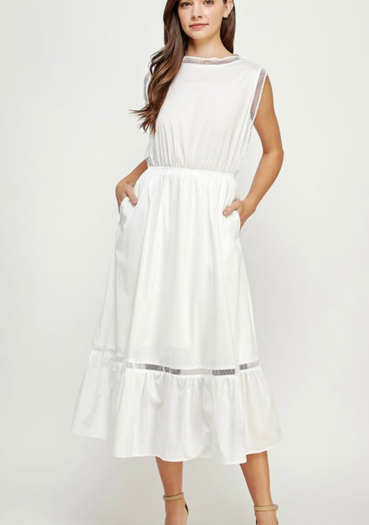 Trim Detail Poplin Dress in White