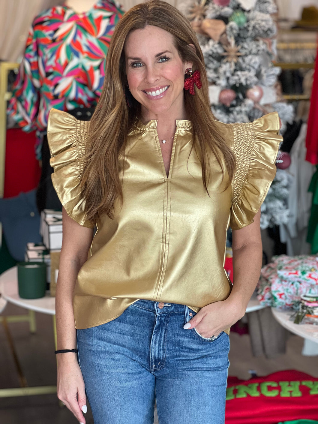 Gold Ruffle Sleeve Faux Leather Top