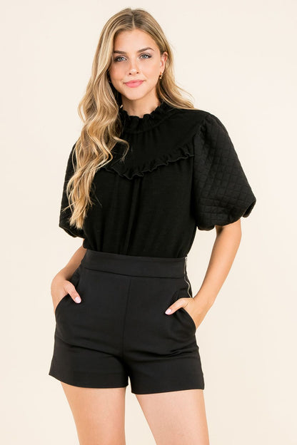 Black Mixed Media Button Back Top