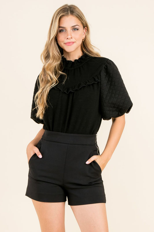 Black Mixed Media Button Back Top
