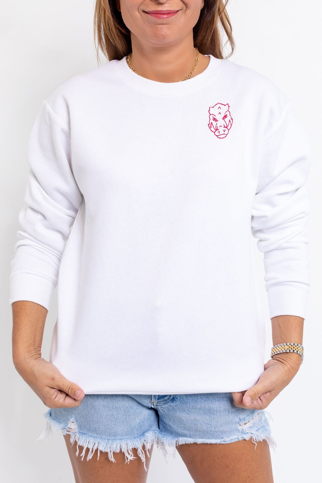 White Hand Embroidered Razorback Sweatshirt