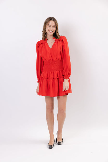 Long Sleeve Smocked Waist Dress in Red