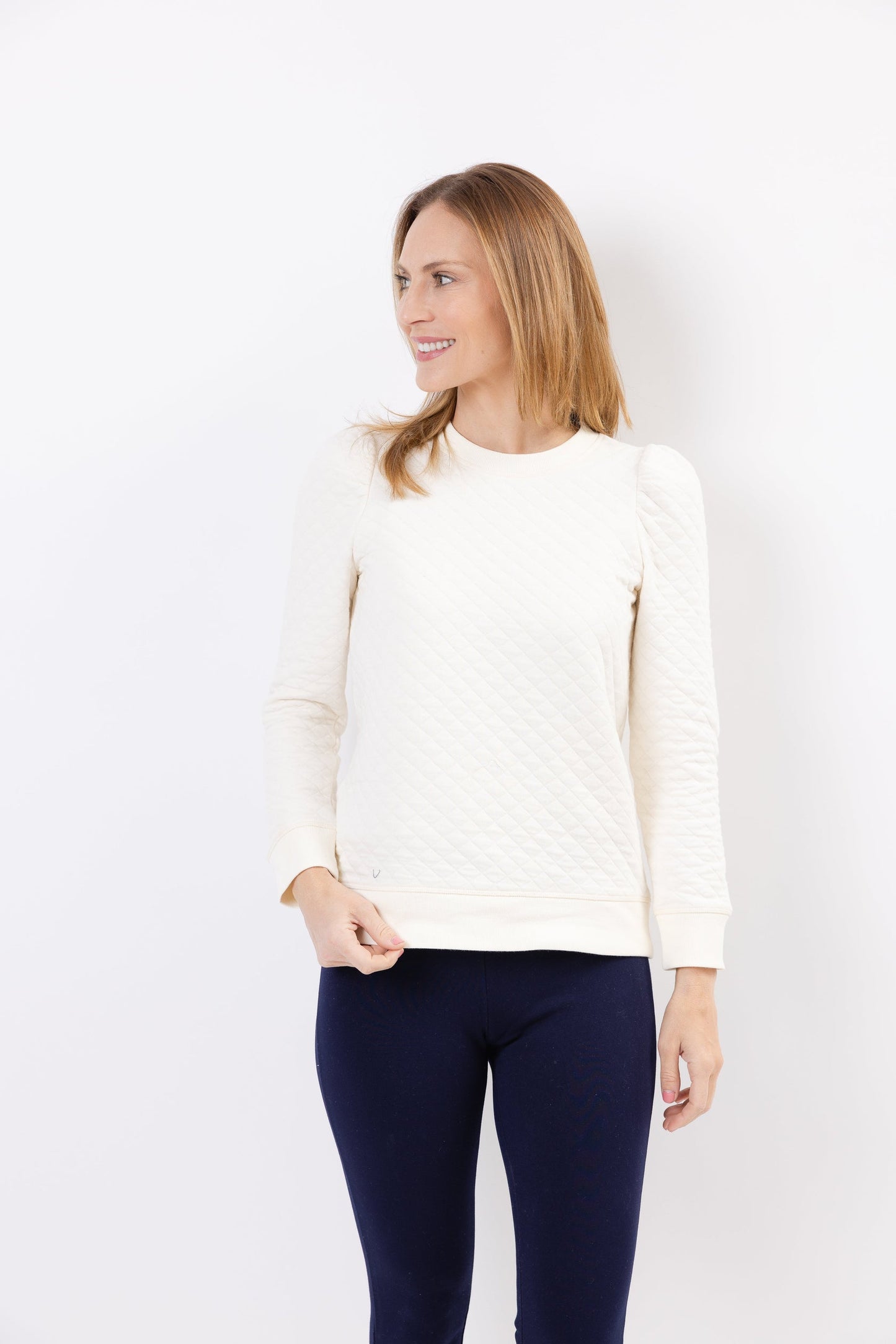 Quilted Long Sleeve Sweatshirt in Winter White