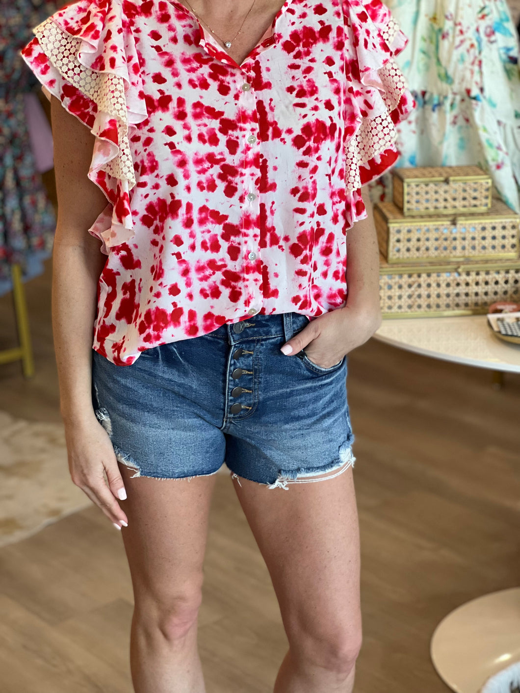 Red Ruffle Sleeve Button Down Top