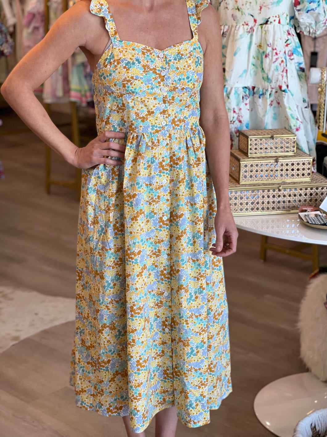 Button Front Maxi in Yellow Floral