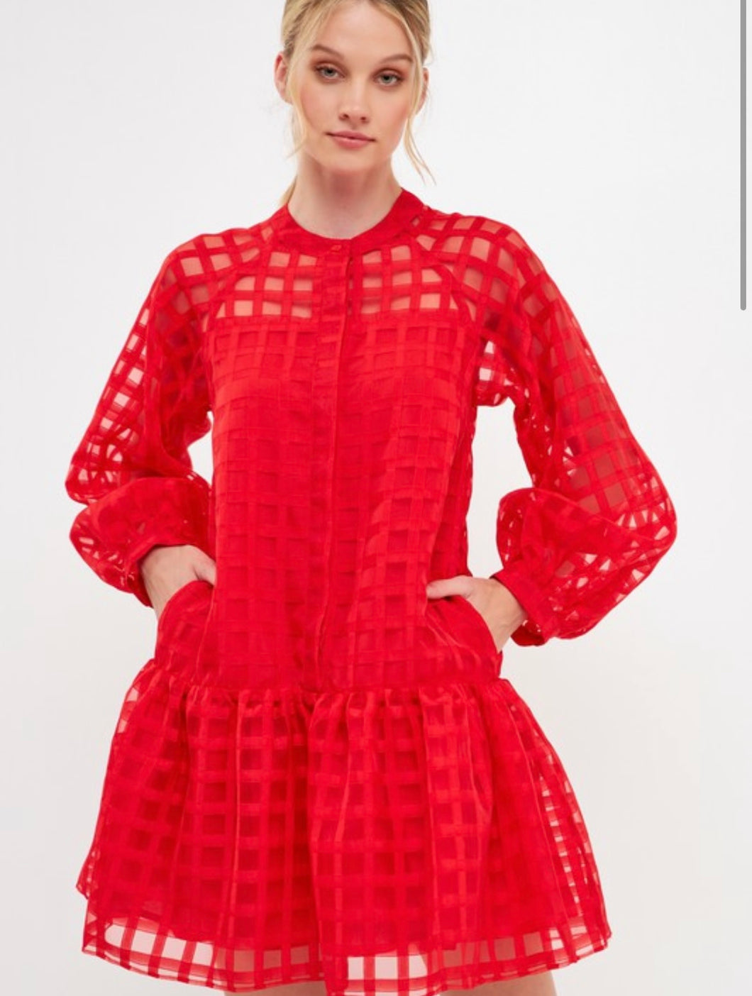 Red Organza Button Long Sleeve Mini Dress