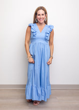 Load image into Gallery viewer, Blue V Neck Ruffle Maxi Dress
