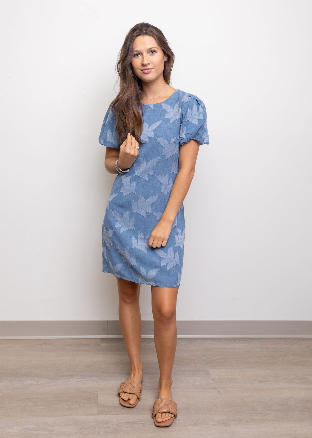 Puff Sleeve Dress w/Leaf Print