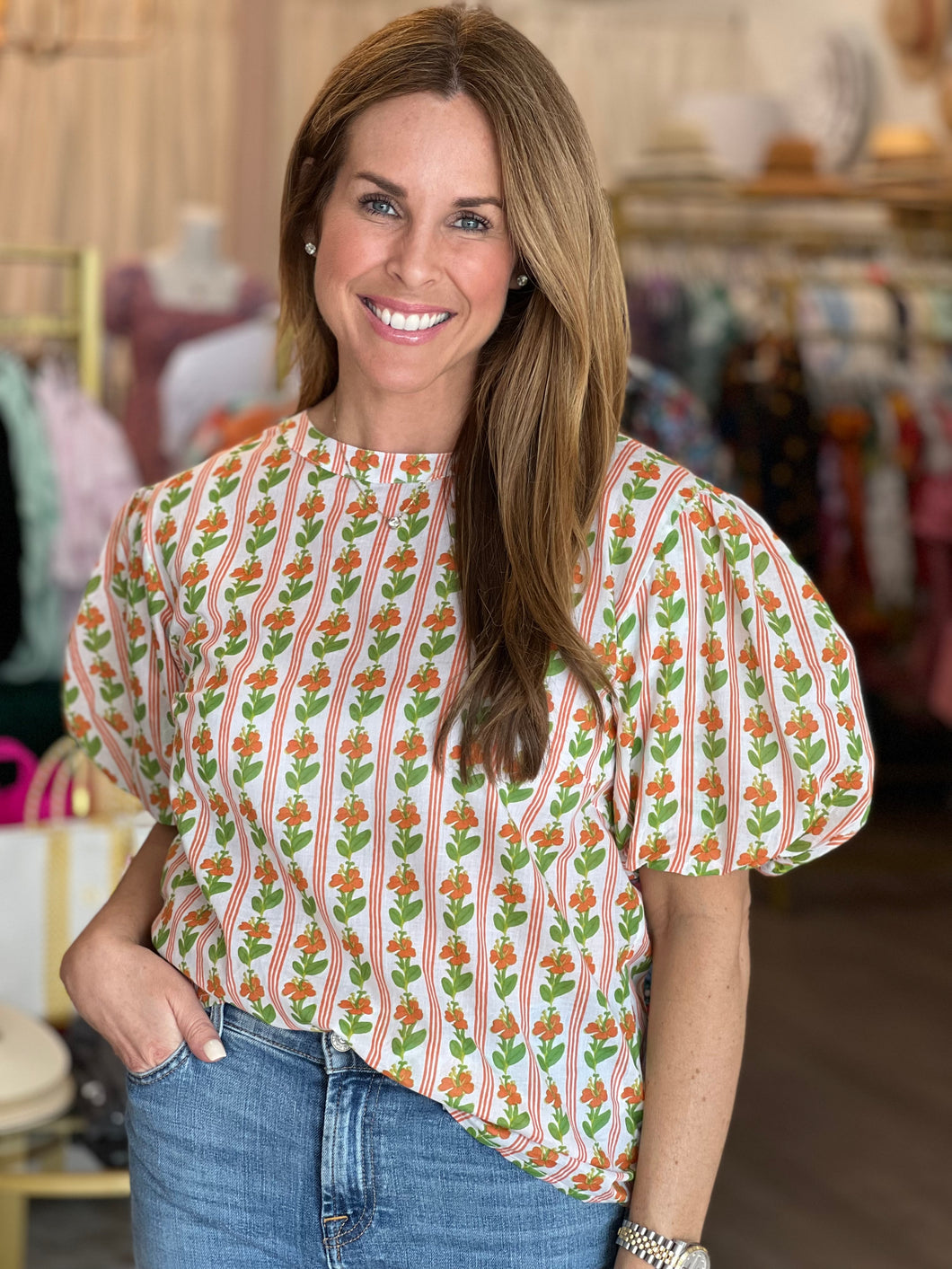 Annie Top in Floral Stripe Melon